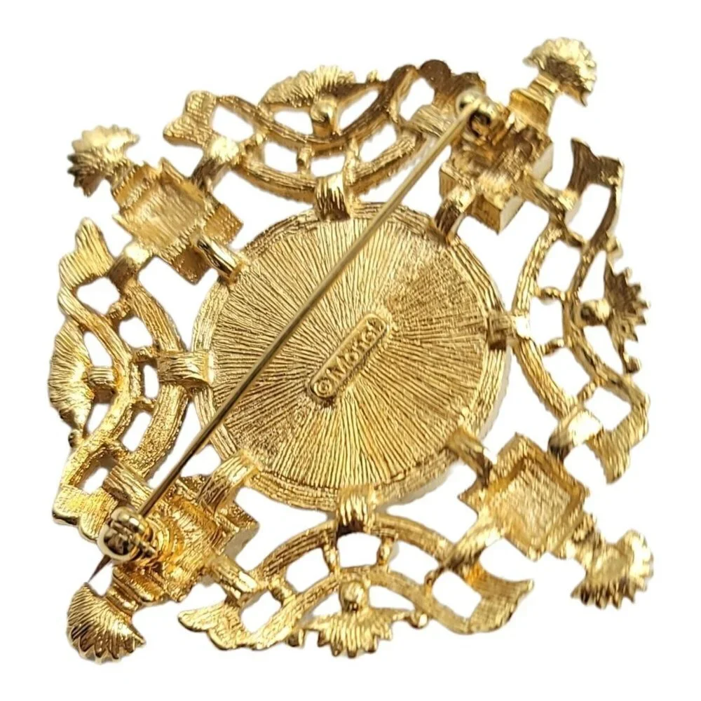 Monet Faux Pearl Blue Enamel Gold Tone Openwork Medallion Vintage Brooch